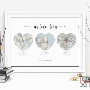 Unser Love Story Schild, Drei Herz Karte Print, Hello Will You I Do, Met Verlobt verheiratet, Erstes Jahrestag Geschenk für Paare, personalisiertes Geschenk