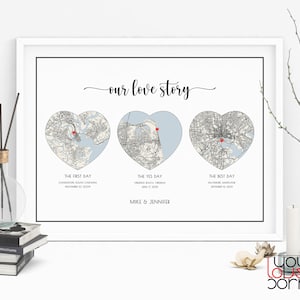 Our Love Story Sign, Three Heart Map Print, Hello Will You I Do, Met Engaged Married, First Anniversary Gift For Couple, Personalized Gift