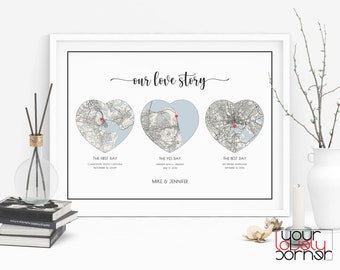 Unser Love Story Schild, Drei Herz Karte Print, Hello Will You I Do, Met Verlobt verheiratet, Erstes Jahrestag Geschenk für Paare, personalisiertes Geschenk