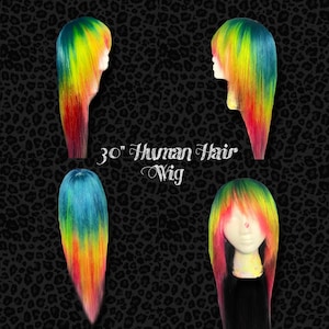 Watermelon Scene emo 30” Human hair wig 13x6 lace, pink, green, blue and black wig