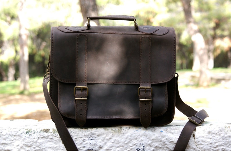 13 inch waxed leather briefcase messenger bag laptop bag mens bag crossbody bag distressed leather Waxed leather dark brown