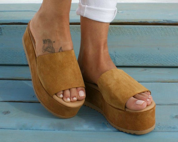 EARTH handmade women leather sandals Greek suede sandal suede platform sandal leather flatforms leather slides deep honey color sandals EARTH handmade women leather sandals Greek suede sandal suede platform sandal leather flatforms leather slides deep honey color sandals