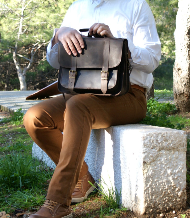 13 inch waxed leather briefcase messenger bag laptop bag mens bag crossbody bag distressed leather Waxed leather dark brown