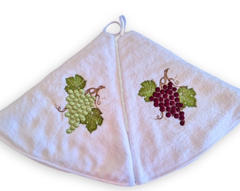 Toalla de cocina redonda bordada con uvas y asa para colgar, 70 cm, de algodón.