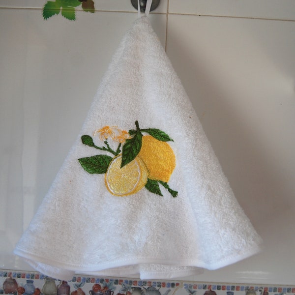 Hand runde Handtuch Zitrone Obst Stickerei, weiße Baumwolle Küchentücher, hängende Kreis Toilette Sauna Handtuch Brautdusche Geschenkideen personalisiert