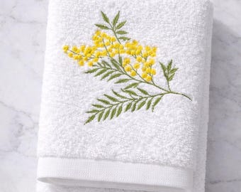 Asciugamano per gli ospiti in morbido cotone con motivo mimosa ricamato