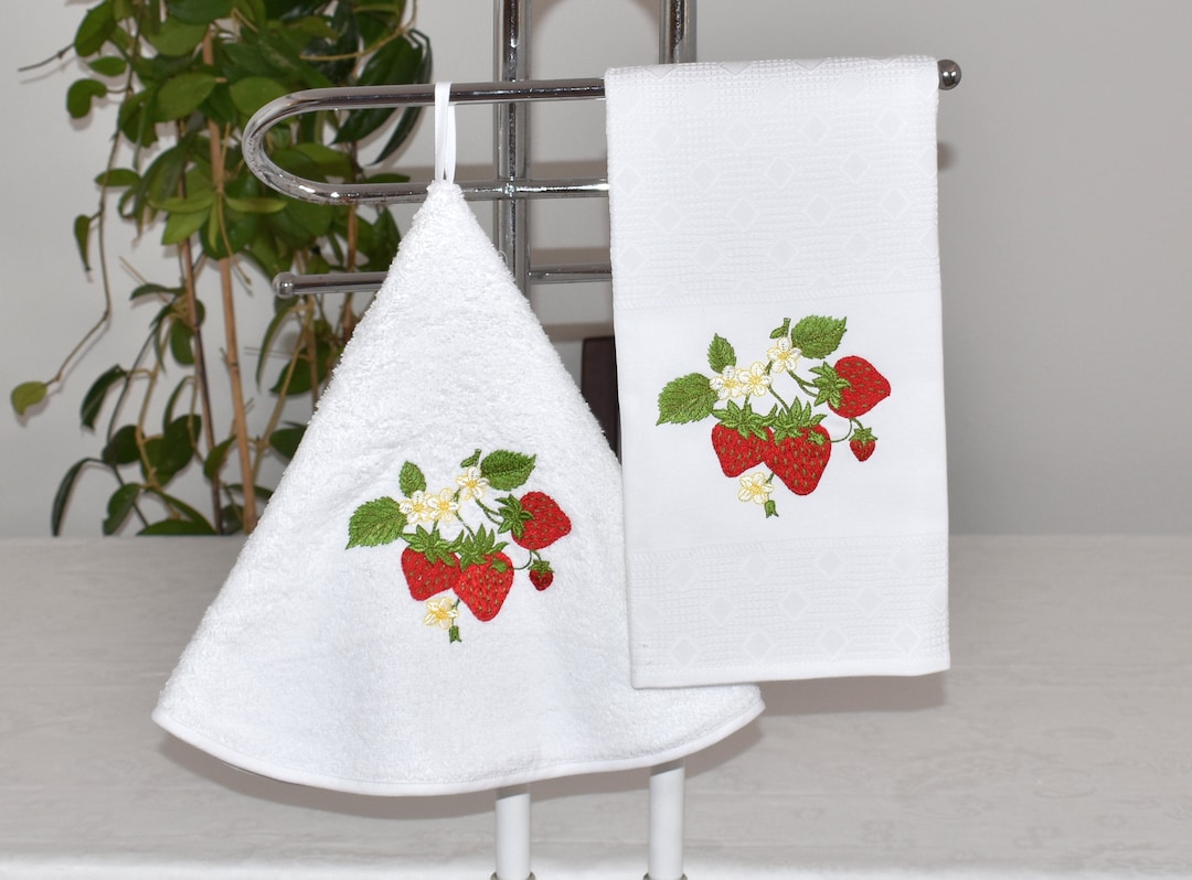 Strawberry Kitchen Towel, Embroidered Hand Towel Round Dish Cloths