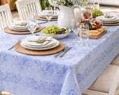 Blue Linen Jacquard Tablecloth, Woven Grapevine Pattern, European Made