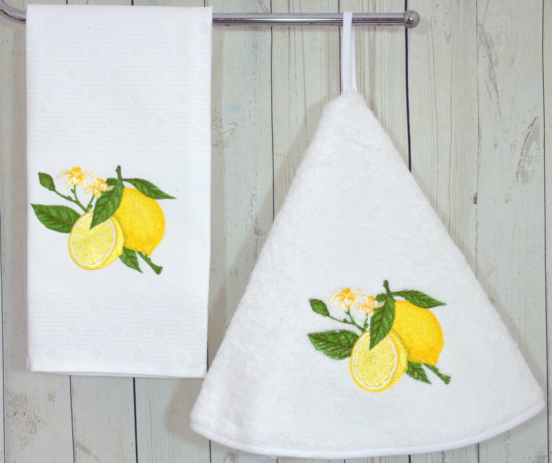 Hand Round Kitchen Towel With Lemon Fruits Embroidery, Dishcloths White