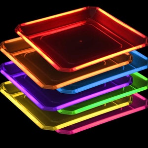 GLOWING PARTY PLATES 10 Inch Large Square 20 Count Reusable Plastic Clear Disposable Glow Stick Neon Colors Kids Birthday Multi Color Sticks