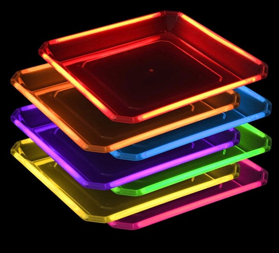 GLOWING PARTY PLATES 10 Inch Large Square 20 Count Reusable Plastic Clear Disposable Glow Stick Neon Colors Kids Birthday Multi Color Sticks Il_570xn
