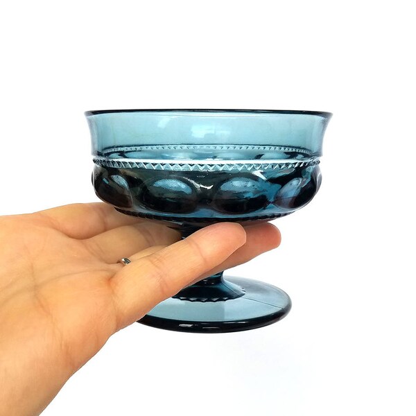 Four Teal Footed Dessert Glasses Indiana Glass Kings Crown Pattern Vintage Sorbet Bowl Glassware Drinkware