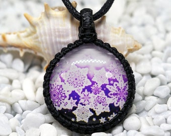 Purple and black Snowflake glass cabochon macrame pendant