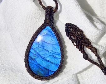 Bright blue teardrop Labradorite macrame necklace