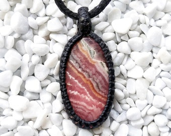 Rhodochrosite macrame pendant