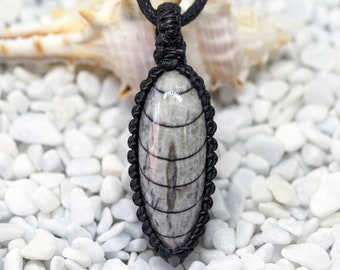 Fossil orthoceras macrame pendant