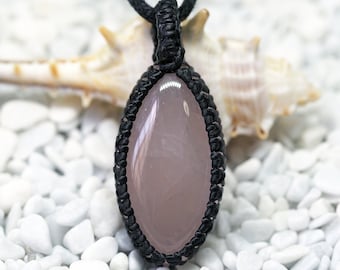 Marquise shaped rose quartz macrame pendant