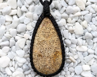 Fossil spider coral pendant, macrame pendant