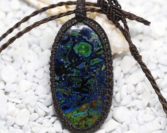 Large oval Azurite Malachite macrame necklace