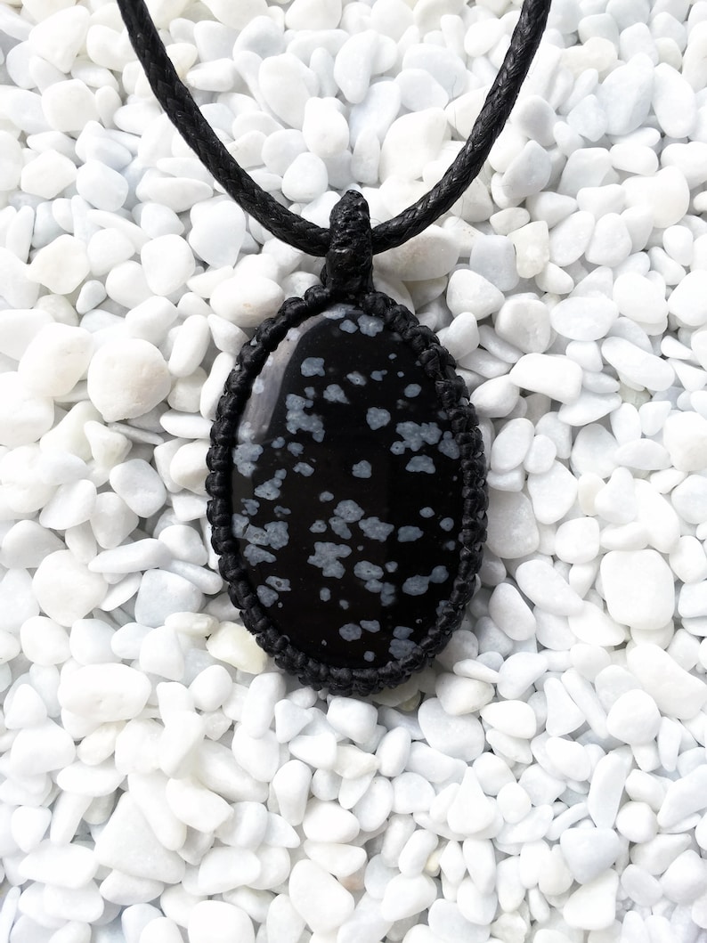 Snowflake obsidian macrame pendant snowflake obsidian pendant