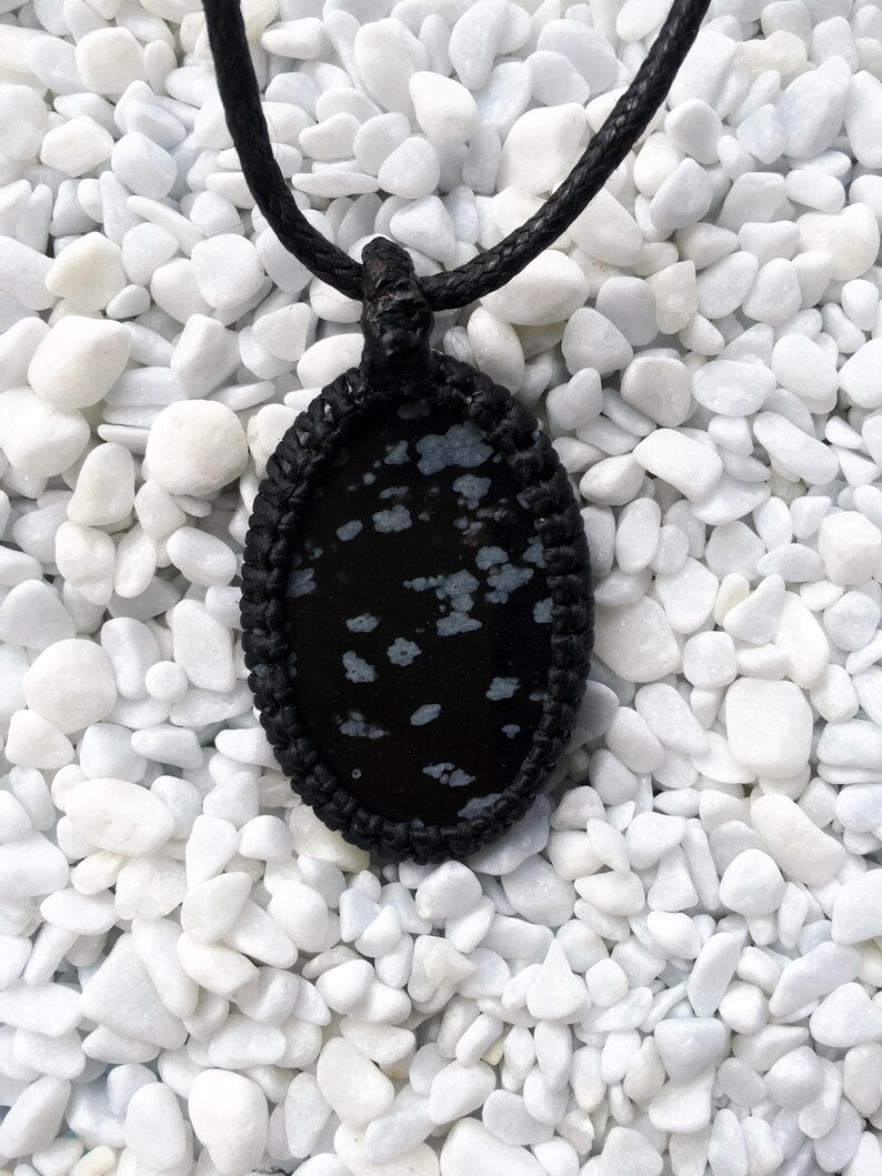 Snowflake obsidian macrame pendant snowflake obsidian pendant