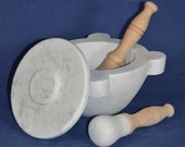 Carrara white marble mortar 22 cm (8.66 inch) with beech wood pestle, marble-headed pestle and lid