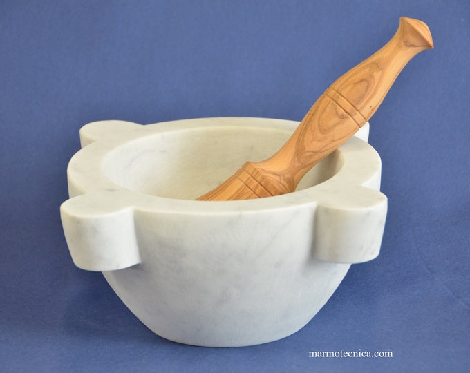 Carrara marble mortar and olive wood pestle