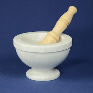 Mortero de mármol blanco de Carrara &quot;bergamasco&quot; de 18 cm de diámetro con mano de madera de haya