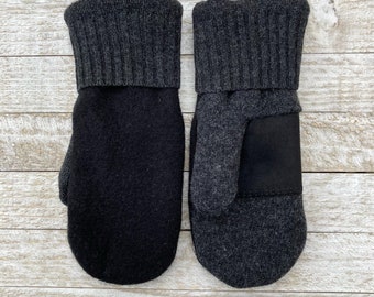 Black and Charcoal Gray suede palm wool sweater mittens