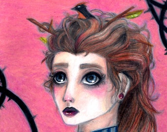 Birds nest(print)- surreal art,messy hair art,bird art,vines and thorns art,gothic art,stripes,prismacolor drawing,brunette,girl with birds