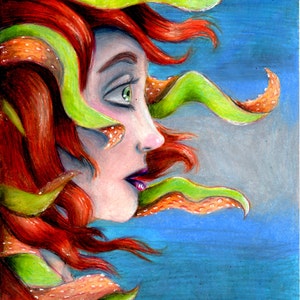 Sea thoughts(print)- octopus tentacle art,red head,oceanic art,odd art,surreal art,fantasy art,prismacolor drawings,mermaid,nautical art
