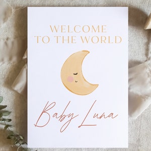 Carte de bienvenue dans le monde baby luna / carte de bébé lune / carte de famille qui s'agrandit / carte de félicitations pour nouveau bébé / carte de nouveau bébé / SKU : LNBABY17