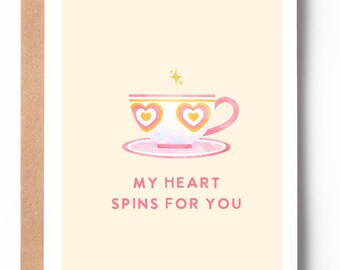 Tarjeta "Mi corazón da vueltas por ti" / Tarjeta de amor caprichosa en forma de taza de té / Tarjeta romántica de aniversario o boda