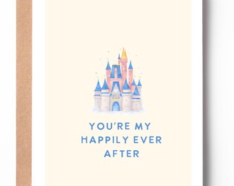 Tarjeta "Eres mi feliz para siempre" / Tarjeta de amor con un castillo en un parque temático de cuento de hadas / Tarjeta romántica de aniversario o boda
