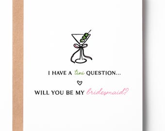 Tarjeta de propuesta para dama de honor "Tengo una pregunta sobre martinis" / Invitación divertida para la despedida de soltera / Tema de martini