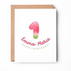 Carte d'anniversaire personnalisée pastèque pour enfant, carte de premier anniversaire, carte d'anniversaire personnalisée, carte mignonne / SKU : LNBD27