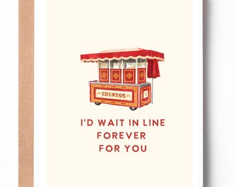 Tarjeta "Te esperaré eternamente en la fila" / Tarjeta de amor con carrito de churros / Tarjeta romántica de aniversario o San Valentín