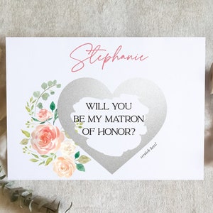 carte florale de dame d'honneur à gratter, proposition de dame d'honneur, proposition de demoiselle d'honneur, carte de mariage, boîte de demoiselle d'honneur / SKU : LNBM65C | ZOEY