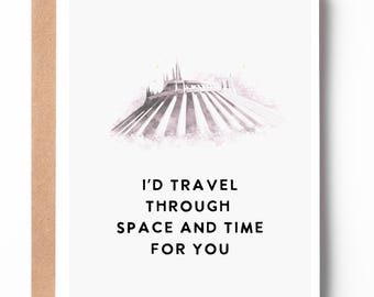 Tarjeta "Viajaría a través del espacio y el tiempo por ti" / Tarjeta de amor inspirada en la montaña espacial / Tarjeta romántica de aniversario o boda