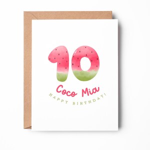 Carte d'anniversaire personnalisée pastèque pour enfants, carte pour 10 ans, carte d'anniversaire personnalisée, carte mignonne / SKU : LNBD27J