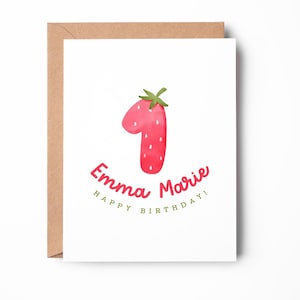 Strawberry Personalized Birthday Card for Children, First Birthday Card, Custom Birthday Card, Cute Card / SKU: LNBD23