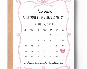 Tarjeta de invitación para dama de honor con lazo coqueto / Estilo "Reserva la fecha" / Invitación para la fiesta nupcial