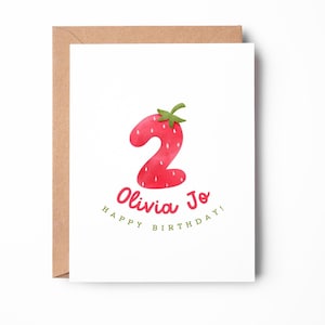 Carte d'anniversaire personnalisée fraise pour enfant, 2e anniversaire, carte d'anniversaire personnalisée, jolie carte / SKU : LNBD23B