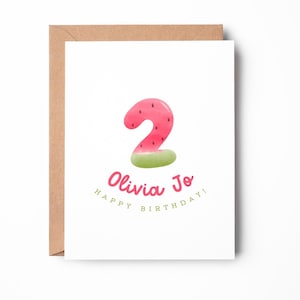 Carte d'anniversaire personnalisée pastèque pour enfants, 2e anniversaire, carte d'anniversaire personnalisée, jolie carte / SKU : LNBD27B