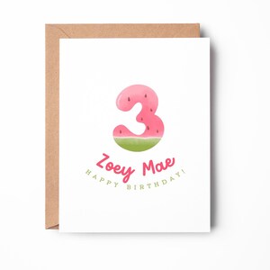 Carte d'anniversaire personnalisée pastèque pour enfant, Carte pour 3e anniversaire, Carte d'anniversaire personnalisée, Jolie carte / SKU : LNBD27C