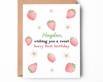 Strawberry First Birthday Card | Berry Sweet Theme | Personalized Baby Greeting