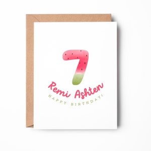 Carte d'anniversaire personnalisée pastèque pour enfant, carte de 7e anniversaire, carte d'anniversaire personnalisée, carte mignonne / SKU : LNBD27G