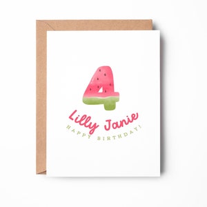 Carte d'anniversaire personnalisée pastèque pour enfant, carte de 4e anniversaire, carte d'anniversaire personnalisée, carte mignonne / SKU : LNBD27D