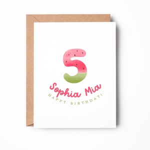 Carte d'anniversaire personnalisée pastèque pour enfant, Carte de 5e anniversaire, Carte d'anniversaire personnalisée, Jolie carte / SKU : LNBD27E