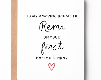 First Birthday Card for Daughter or Son, Personalized Name 1st Birthday Card from Mom or Dad